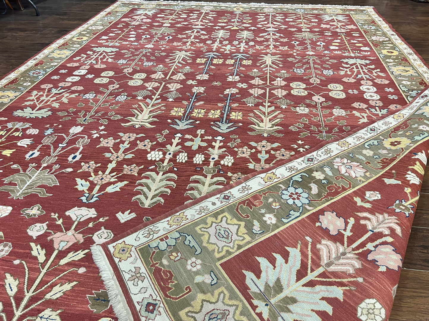 Indian Rug 10x14, Wool Hand Knotted Flatweave Carpet, Tree of Life, Red and Green