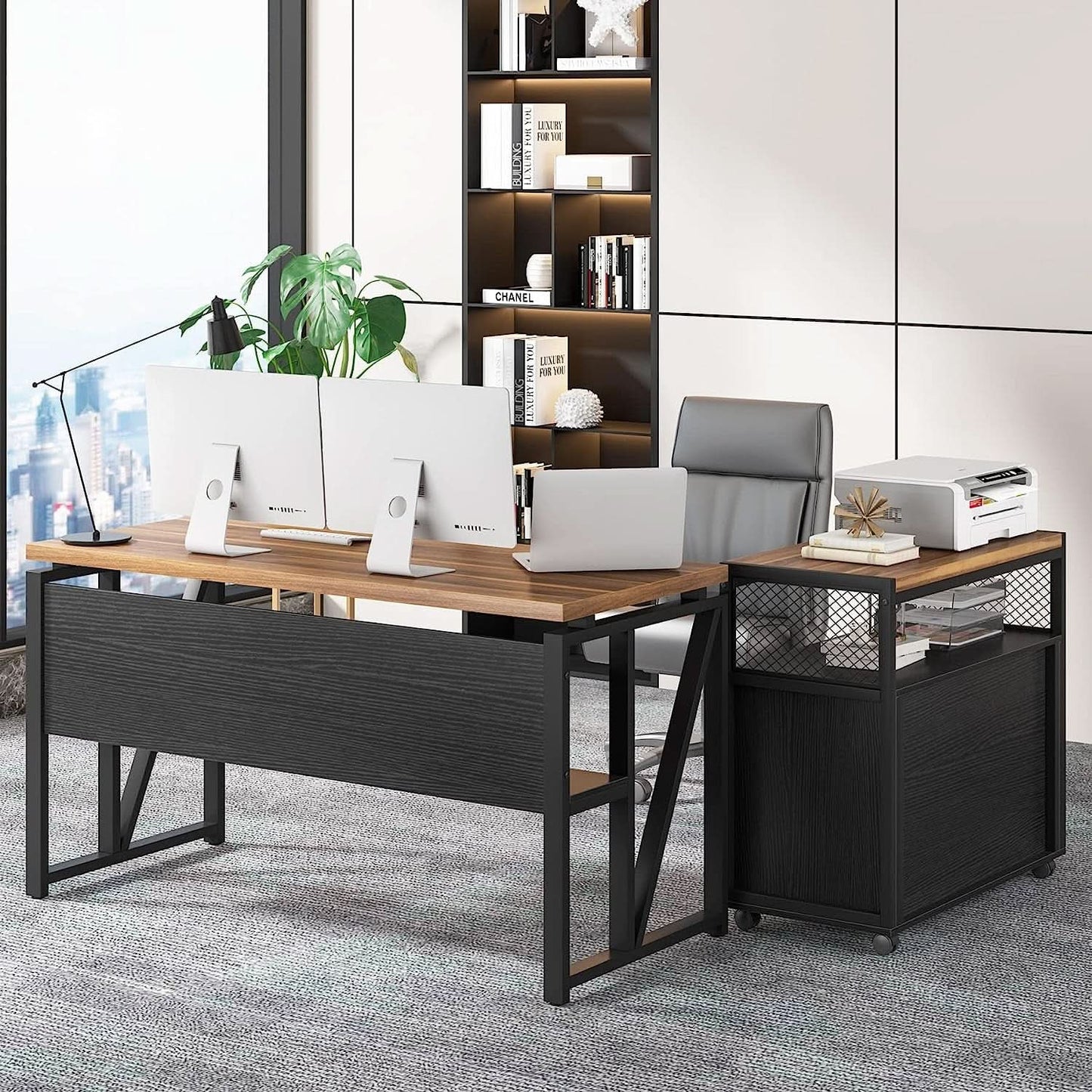 Rustic L Shaped Desk With Storage Cabinet On Wheels