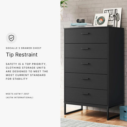 Modern 5-Drawer Chest with Safety Stop, Black Finish for Bedroom