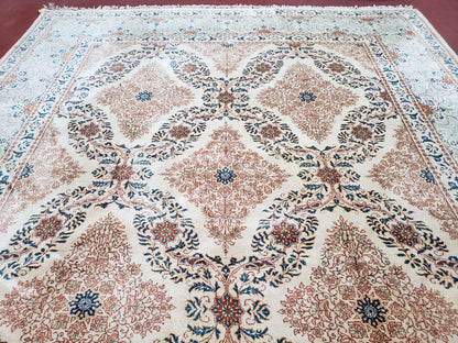 Fine Antique Persian Light Colored Kashan Carpet, 7x12, Top Quality, Rare, Ivory & Blues, Hand-Knotted, Wool