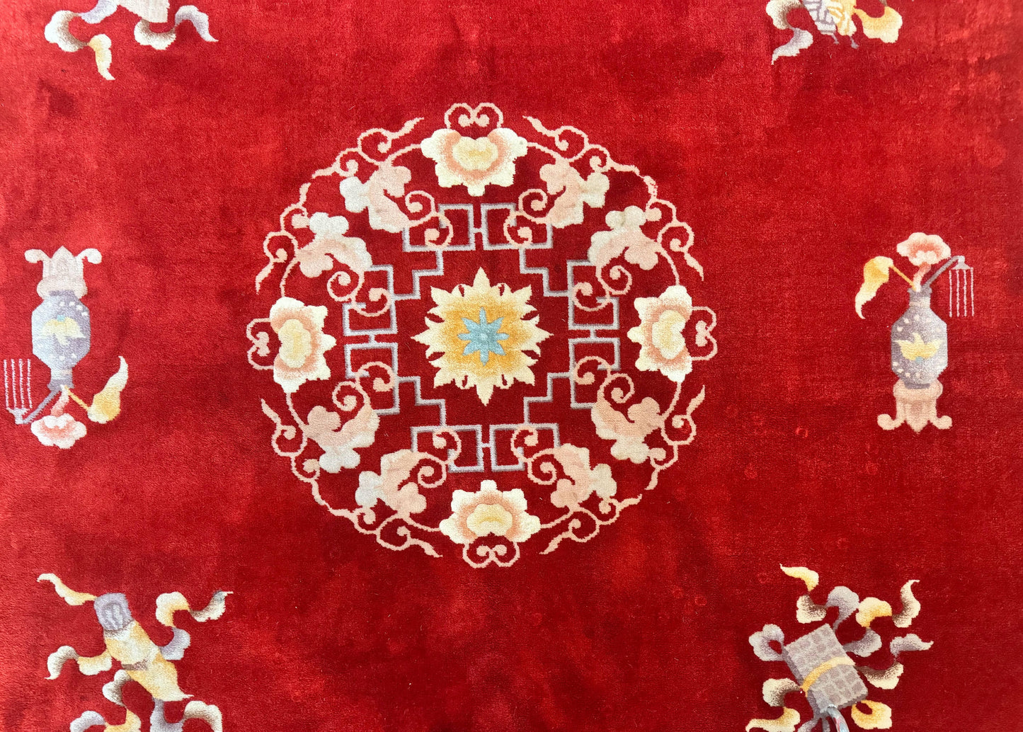 Chinese Wool Rug 8.6 x 11, Red and Beige Asian Oriental Carpet, Plush Pile, Vintage Handmade Chinese Carving Sculpted Rug, Semi Open Field