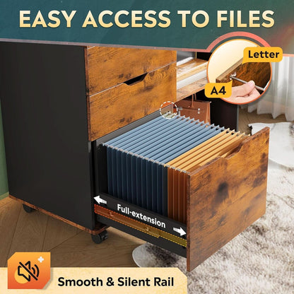 Mobile 3 Drawer Wood File Cabinet With Open Storage Shelves Rustic Brown