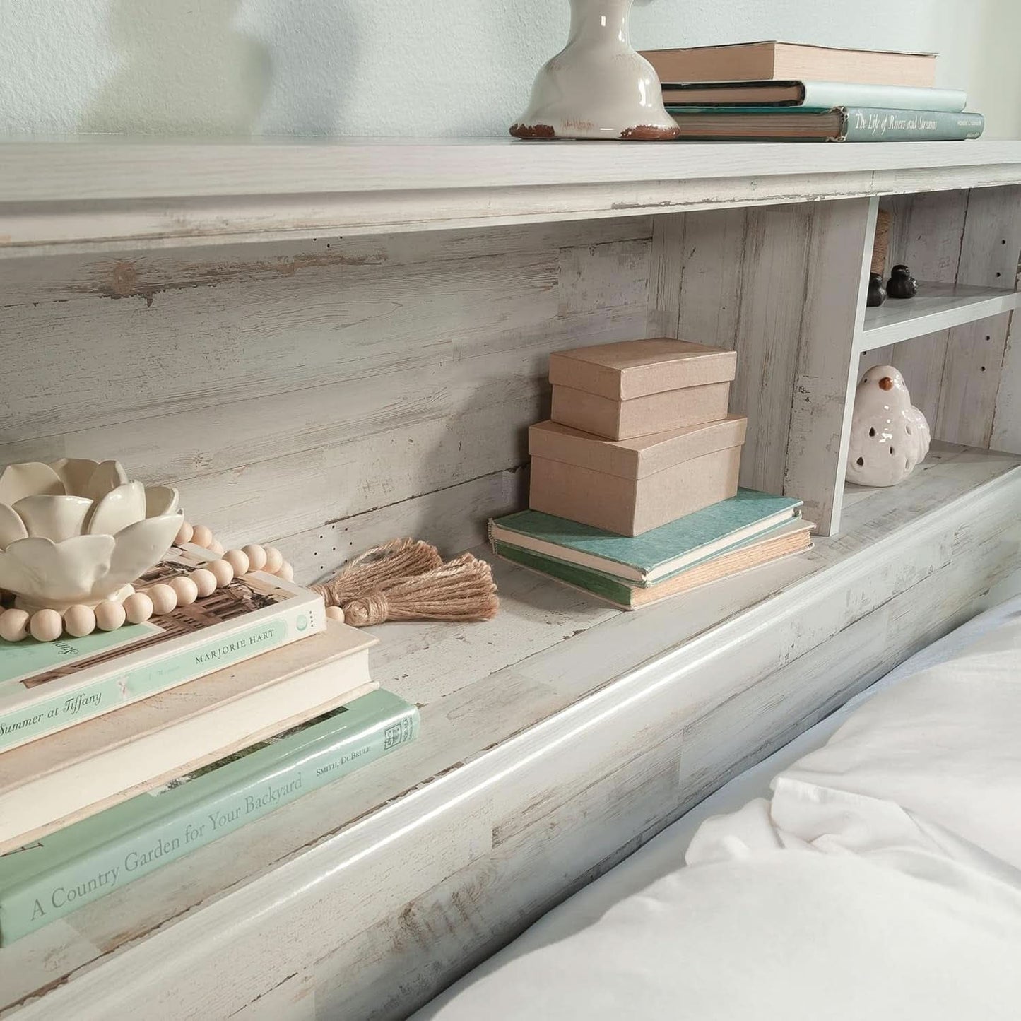 Versatile White Plank Headboard with Adjustable Storage Shelves