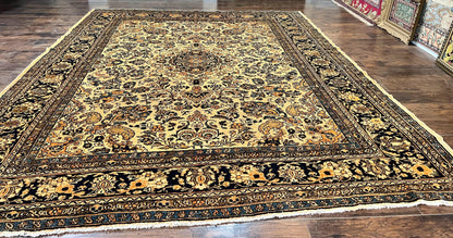 Antique Persian Rug 9x11, Wool Handmade 1920s Oriental Carpet, Persian Hamadan Anjelas Rug, Cream Black, Floral Allover Oriental Rug 9 x 11 Room Sized Rug