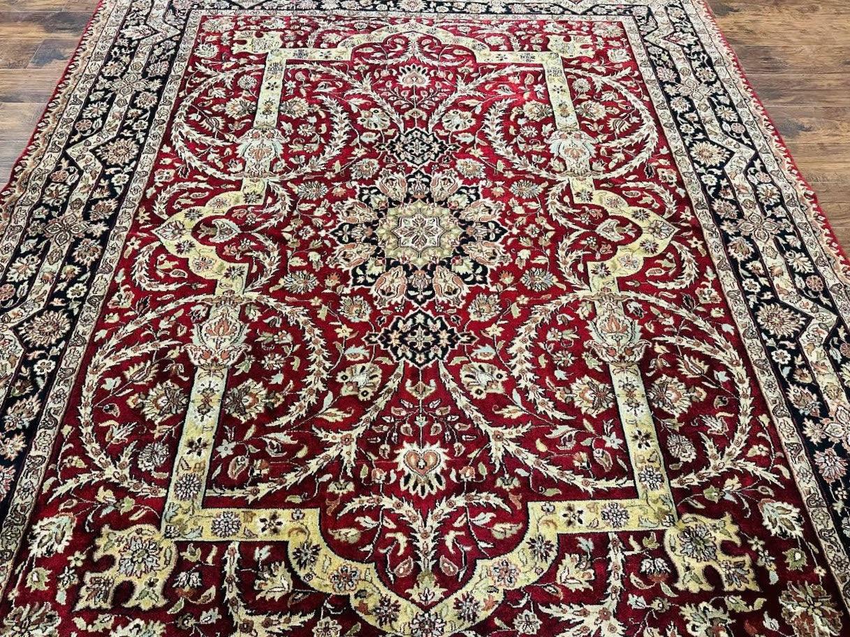 Indo Persian Rug 8x10, Red Vintage Wool Traditional Carpet, Floral, Handmade