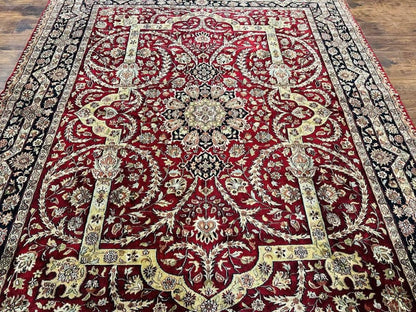 Indo Persian Rug 8x10, Red Vintage Wool Traditional Carpet, Floral, Handmade