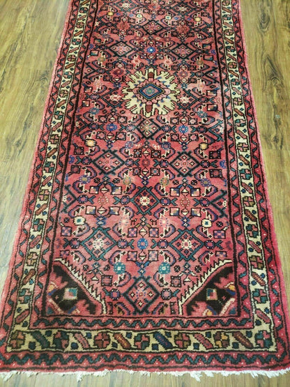 Persian Hamadan Runner Rug 2.8 x 14, Red, Vintage Handmade Wool Runner Rug