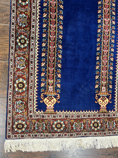Indo Persian Prayer Rug 3x5, Fine Oriental Carpet, Dark Blue and Red, Vintage Hand Knotted Handmade Prayer Rug