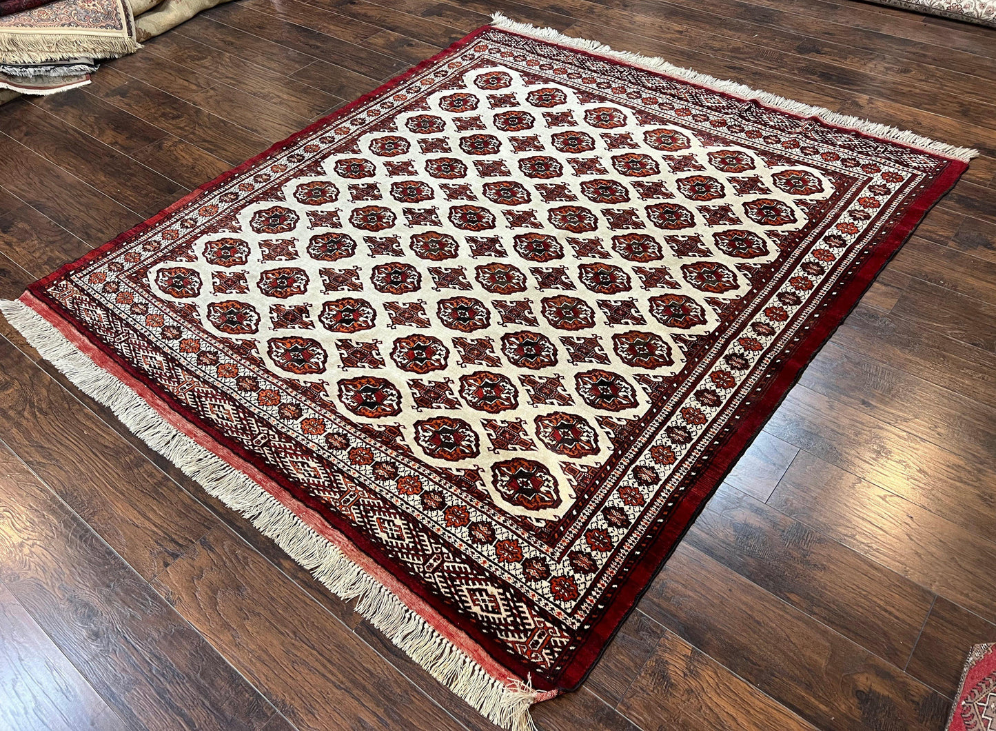 Persian Turkoman Rug 7x8, Almost Square Rare, Hand Knotted, Yamud, Bohemian Rug, Handmade Tribal Rug, Cream Red, Handmade Oriental Carpet