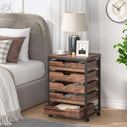 Industrial Five Drawer Wood Dresser Cart BrownFinish