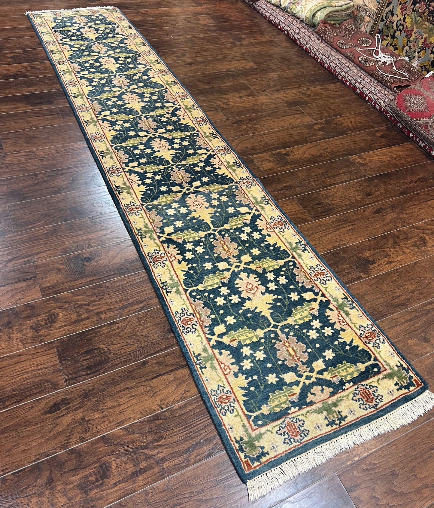 Indian Runner Rug 2.6 x 12, Navy Blue Beige Oriental Runner Rug 12ft Long, Narrow Hallway Runner, Wool Hand Knotted Indo Persian Mahal Rug
