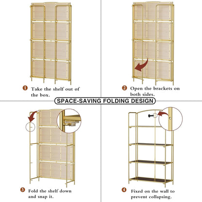 No Assembly Foldable Bookshelf 4 Tier Gold Bookcase