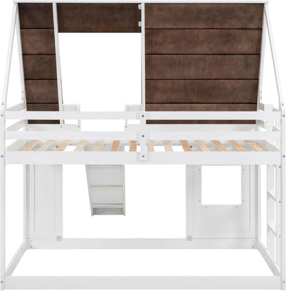 Twin Over Twin House Bunk Bed Frame White Brown With Roof