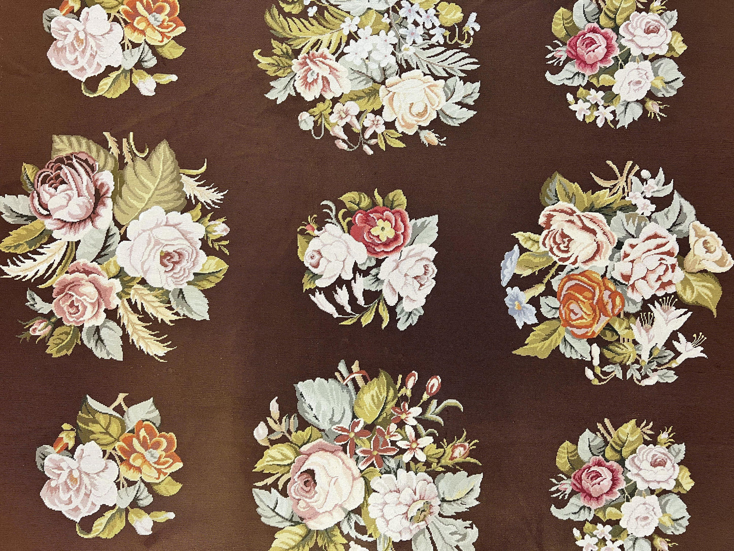 Vintage Needlepoint Rug 9x12, Large Handmade Hand-woven Needlepoint Carpet, Brown Area Rug, Floral Bouquets, Wool Rug, European Design