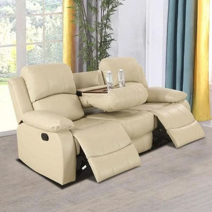 Beige Manual Leather 3 Piece Recliner Sofa Set For Living Room