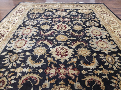 Indo Mahal Rug 8x12, Indian Sultanabad Handmade Area Rug, Vintage Hand-Knotted Wool Black Floral Traditional Oriental Dinning Room Rug