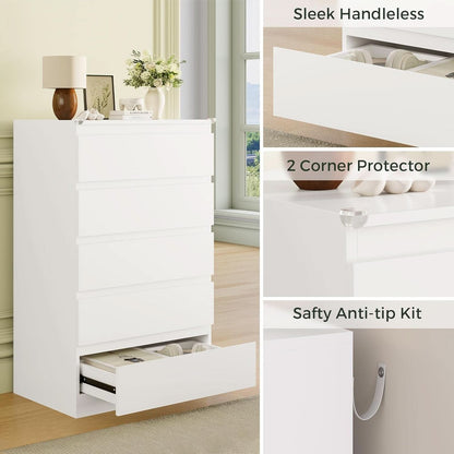White Contemporary Solid Wood Dresser Five Drawers