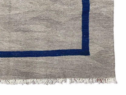 Geometric Turkish Kilim Rug 5' 7" x 7' 9", Flatweave Carpet, Minimal Design, Anatolian Carpet, Gray, Geometric, Dark Blue, Hand-Knotted, New
