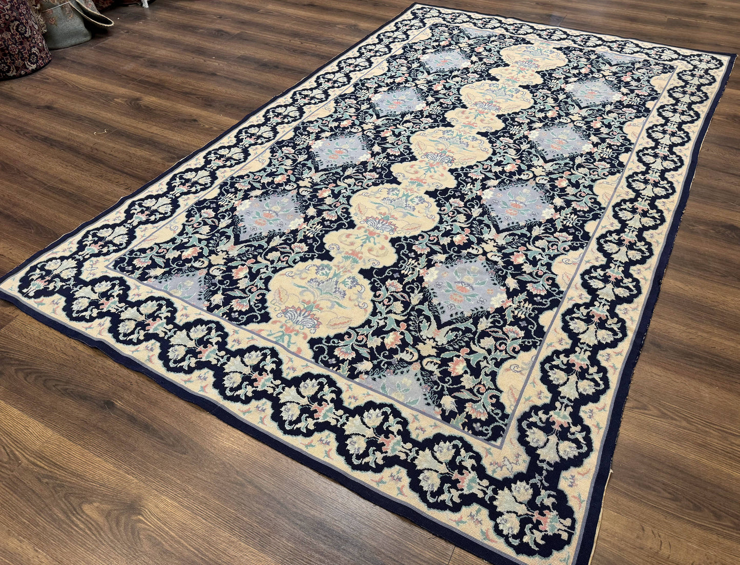 Needlepoint Rug 6x9, Ivory and Navy Blue