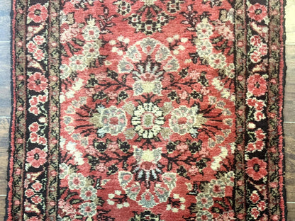 Persian Hamadan Runner Rug 2 x 13.6 – Red Floral Wool Hallway Carpet