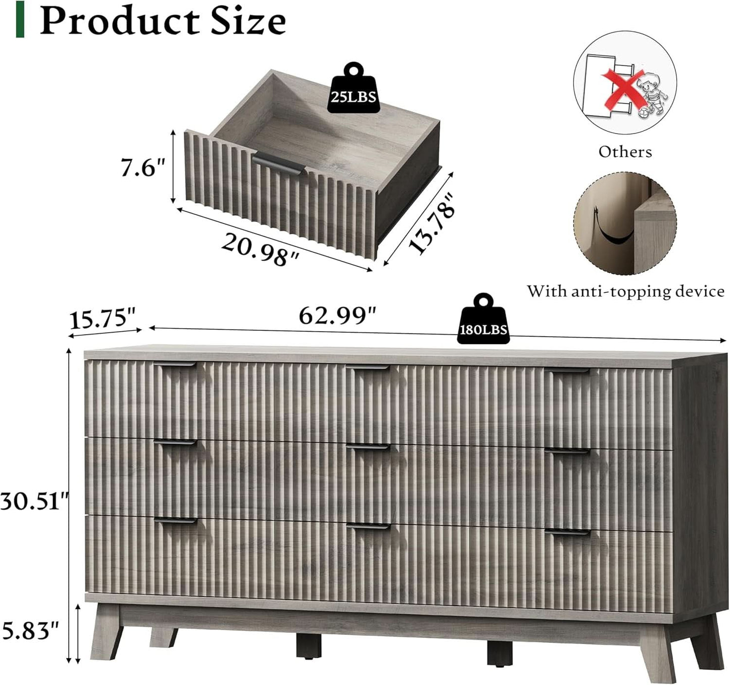 63 Inch Dresser Charcoal Grey Finish With Wave Fluted Panel And 9 Drawers