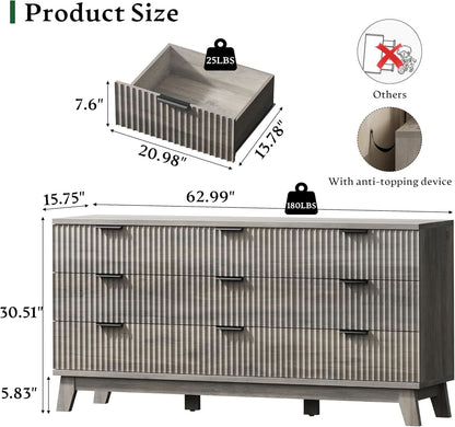 63 Inch Dresser Charcoal Grey Finish With Wave Fluted Panel And 9 Drawers