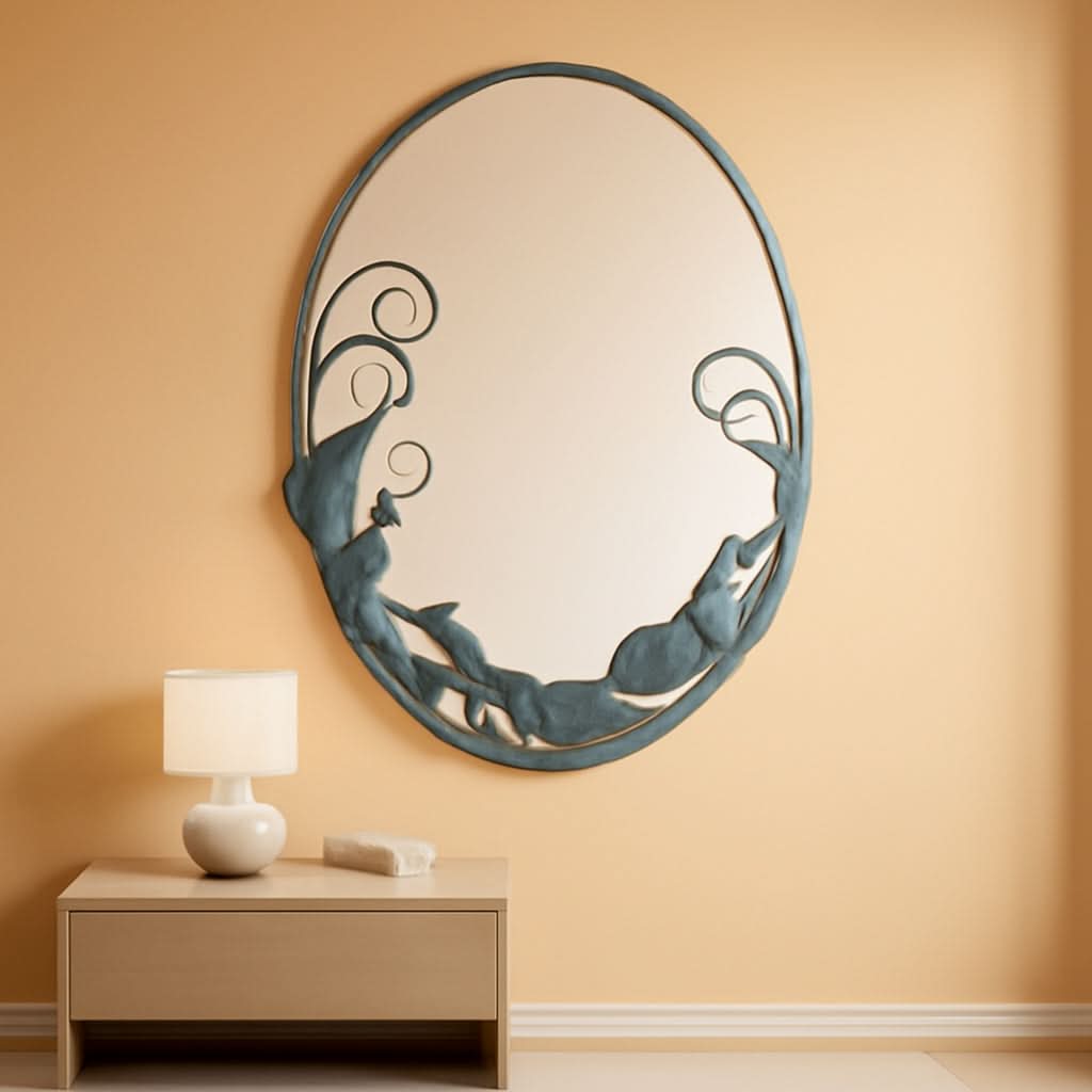 Dolphin Trio Wall Mirror Cast Iron Verdigris Finish 26 Inch