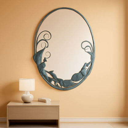 Dolphin Trio Wall Mirror Cast Iron Verdigris Finish 26 Inch