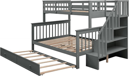 Twin Over Full Bunk Bed With Trundle Storage Shelves Grey
