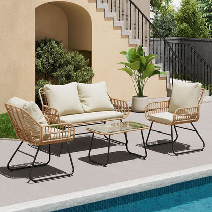 Stylish Four-Piece Outdoor Rattan Furniture Set with Cushions