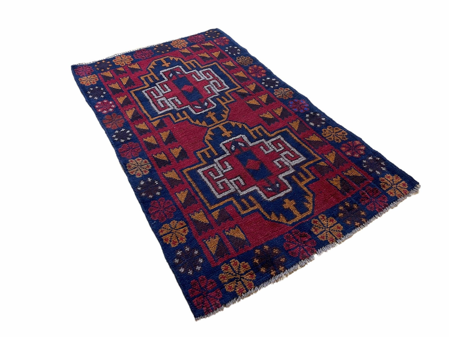 3 X 4.3 Vintage Handmade Tribal Wool Rug Balouch Rug Afghan Rug Red Blue Nice