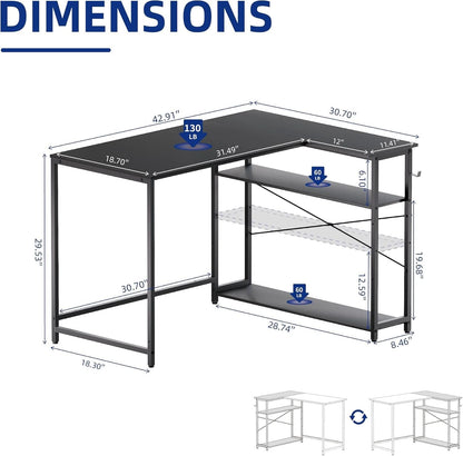 43 Inch L Shaped Desk With Reversible Shelves Espresso Gray