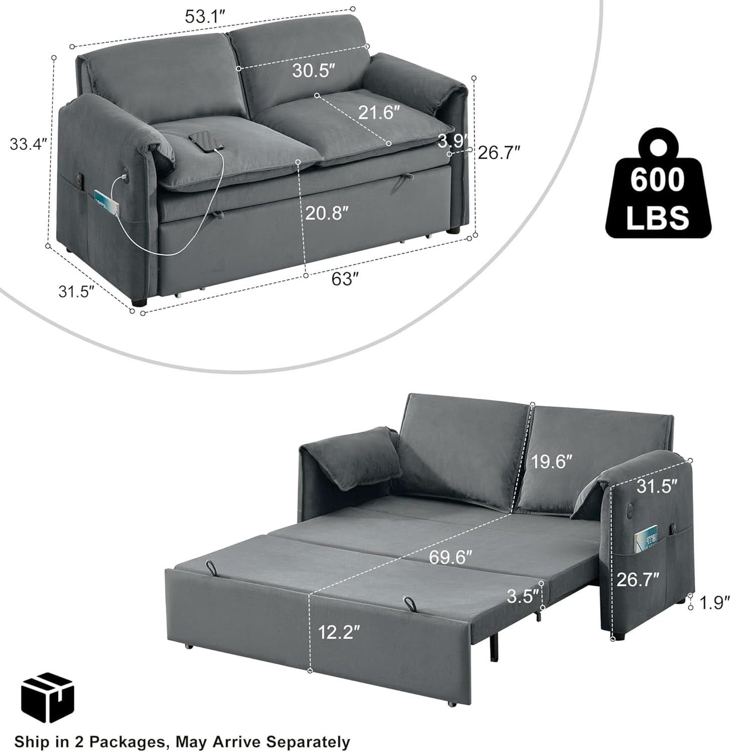 Sixty ThreeInch Pullout Velvet SofaBed Premium Edition