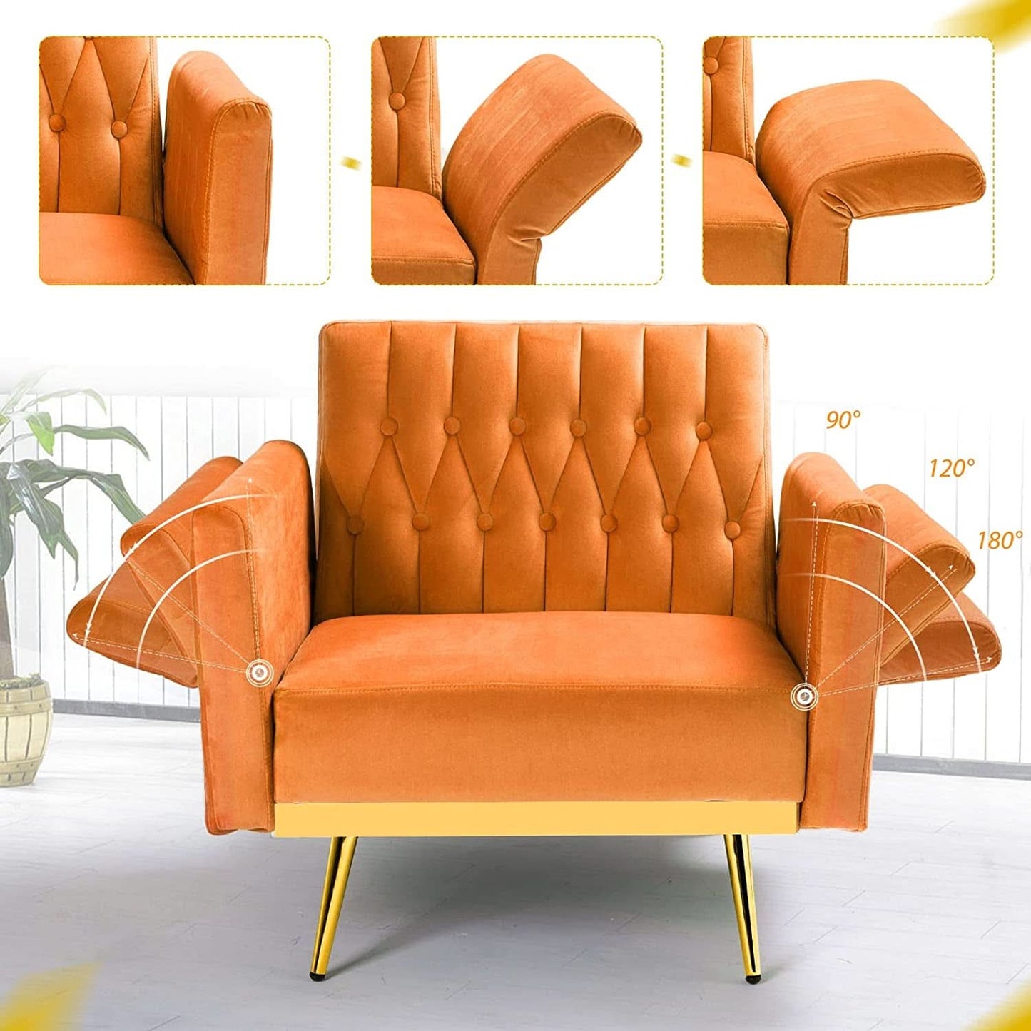 Orange Velvet Accent Chair With Adjustable Armrests And Backrest