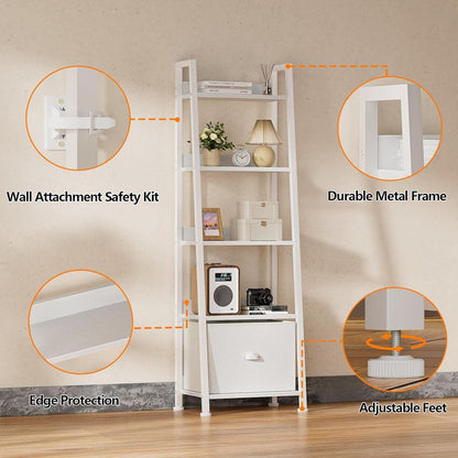 5 Tier White Ladder Shelf With Removable Fabric Drawer