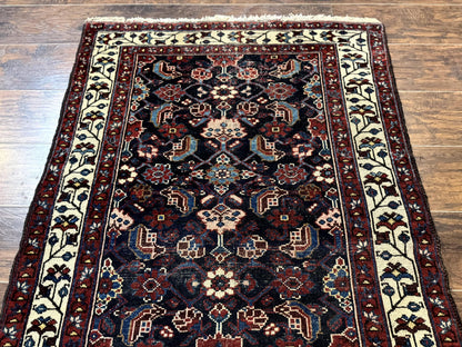 Navy Blue Antique Persian Rug 3x6, Blue and Ivory Persian Carpet, Handmade 1920s Hamadan Rug
