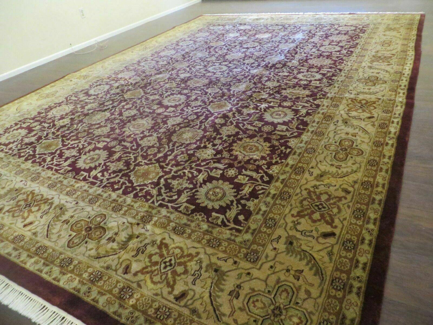 Indian Agra Rug 10x14 Vintage Handmade Larastan Wool Carpet Maroon Floral