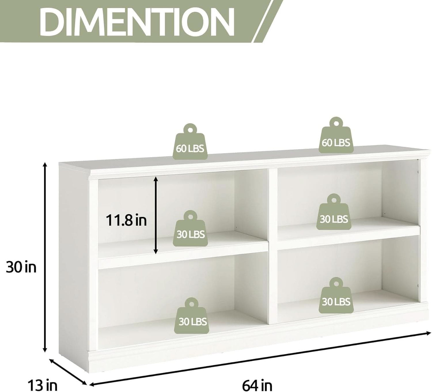White Double Wide Bookshelf 64 Inch 2 Tier Storage Unit