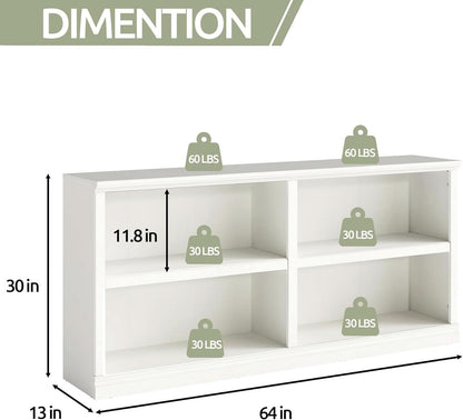 White Double Wide Bookshelf 64 Inch 2 Tier Storage Unit