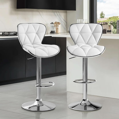 Bar Stools Set Of 2 White PU Leather Adjustable Swivel