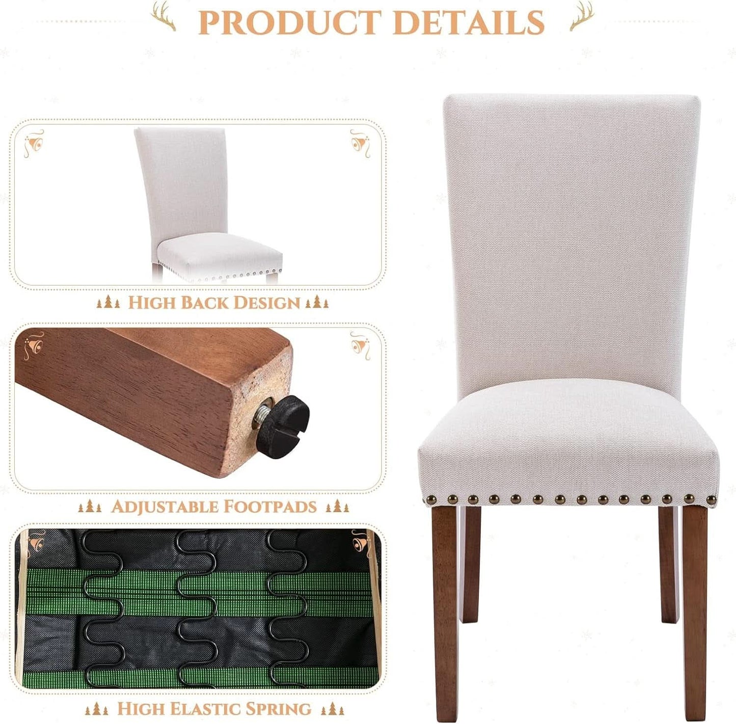 Parsons Dining Chairs Beige Upholstered Nailhead Set of 4