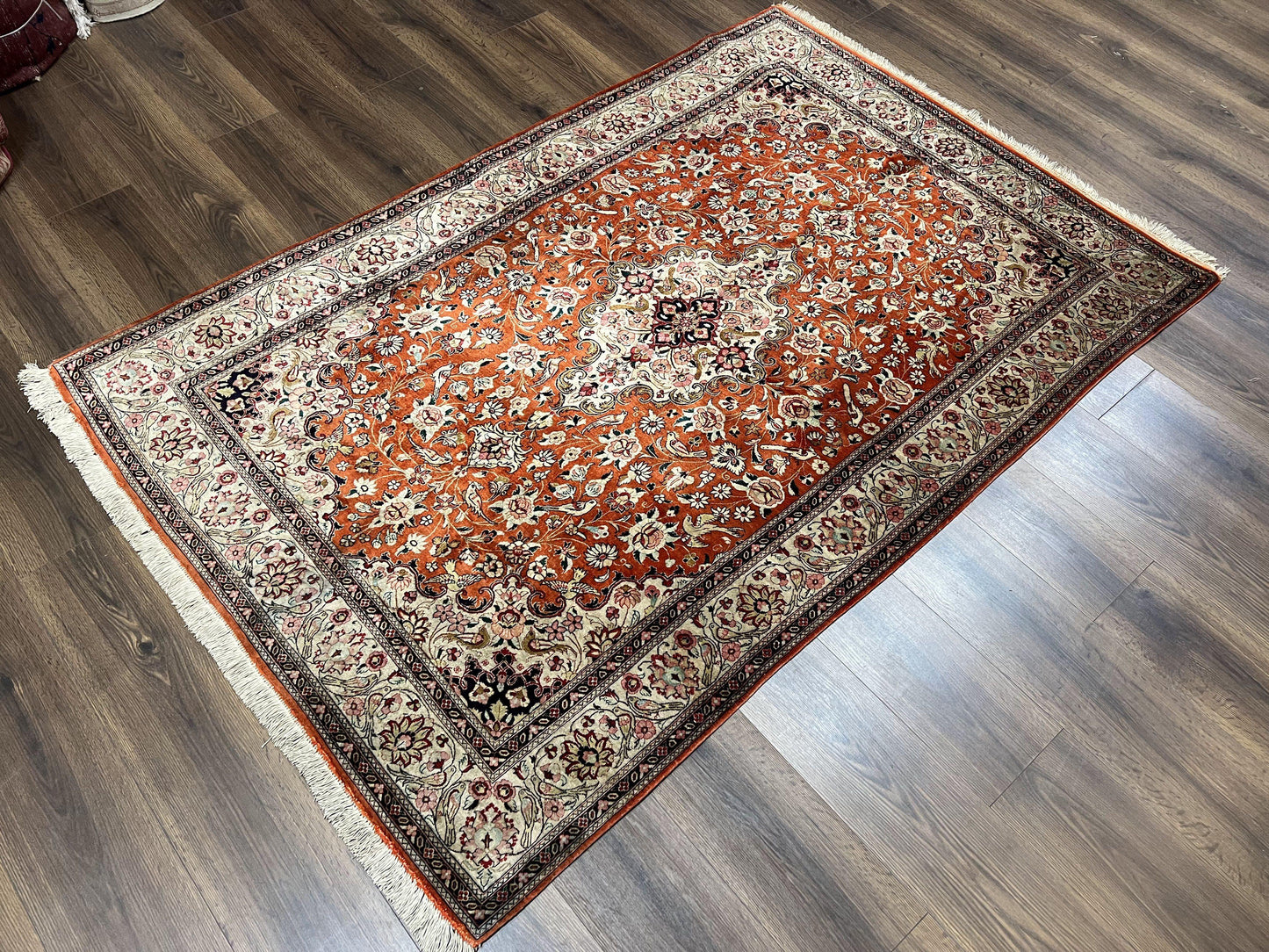 Persian Qum Silk Rug 5x7 - Floral Medallion, Birds, Orange-Red
