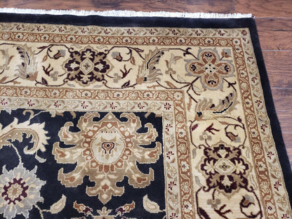 Indo Mahal Rug 8x12, Indian Sultanabad Handmade Area Rug, Vintage Hand-Knotted Wool Black Floral Traditional Oriental Dinning Room Rug