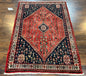Persian Tribal Rug 3.6 x 5 ft, Persian Abadeh Rug, Geometric Medallion Bird Motifs, Red and Navy Blue Hand Knotted Handmade Wool Vintage Oriental Carpet