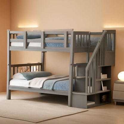 Twin Over Twin Bunk Beds With Stairs Grey For Kids Dorm