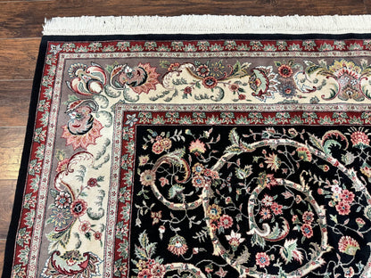 Black Pak Persian Rug 8x11, Floral Pattern, Hand Knotted Vintage Wool Rug with Silk Highlights, Fine 200 KPSI