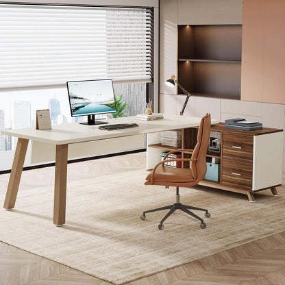 71 Inch Walnut White L Shaped Desk With 55 Inch Cabinet