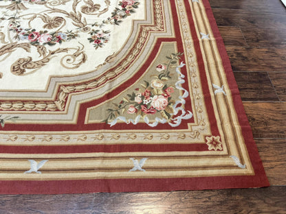 Aubusson Needlepoint Rug 9x11, Handmade Vintage Wool Flatweave Carpet, Elegant European Rug, Floral, Cream