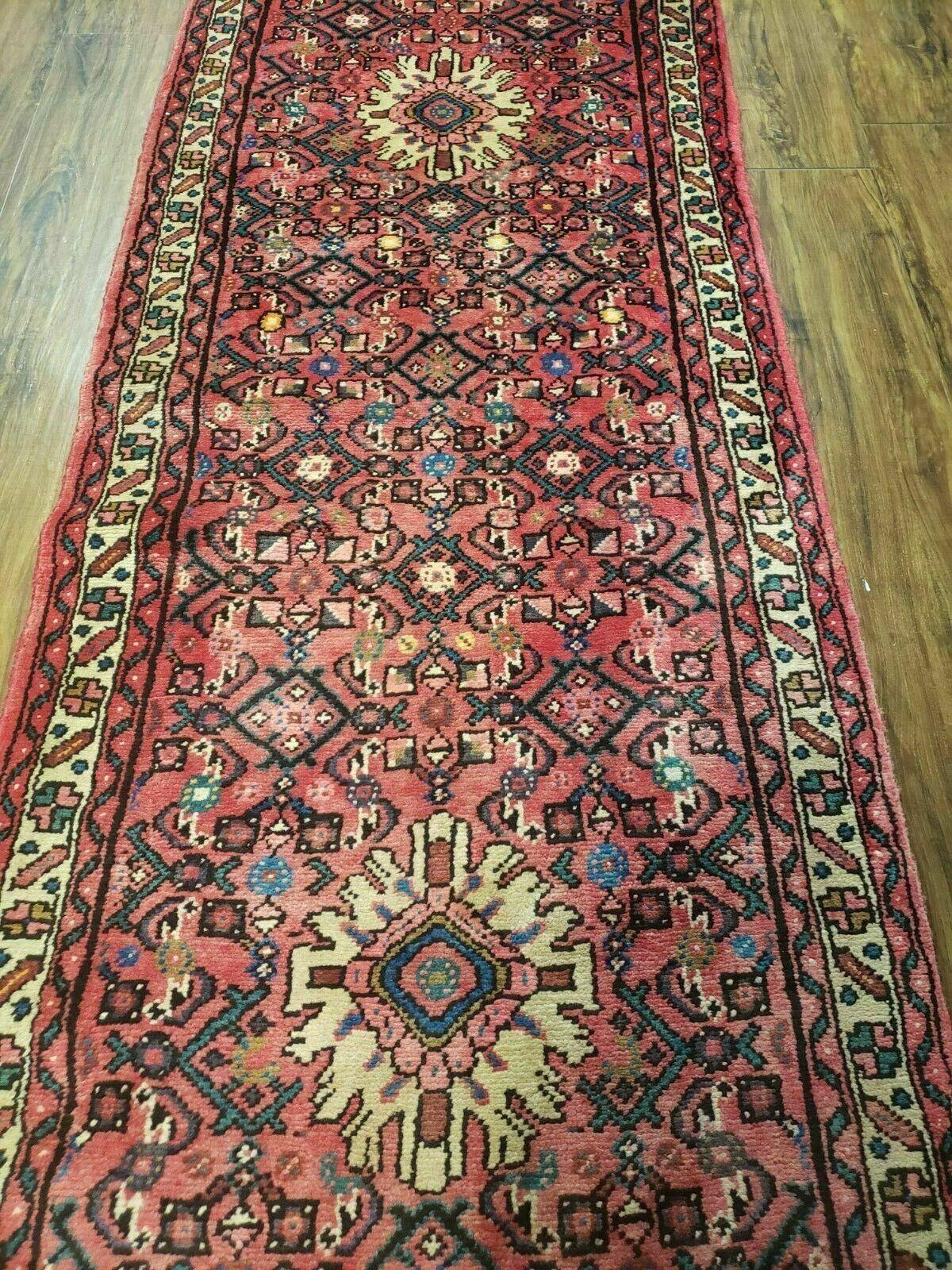 Persian Hamadan Runner Rug 2.8 x 14, Red, Vintage Handmade Wool Runner Rug