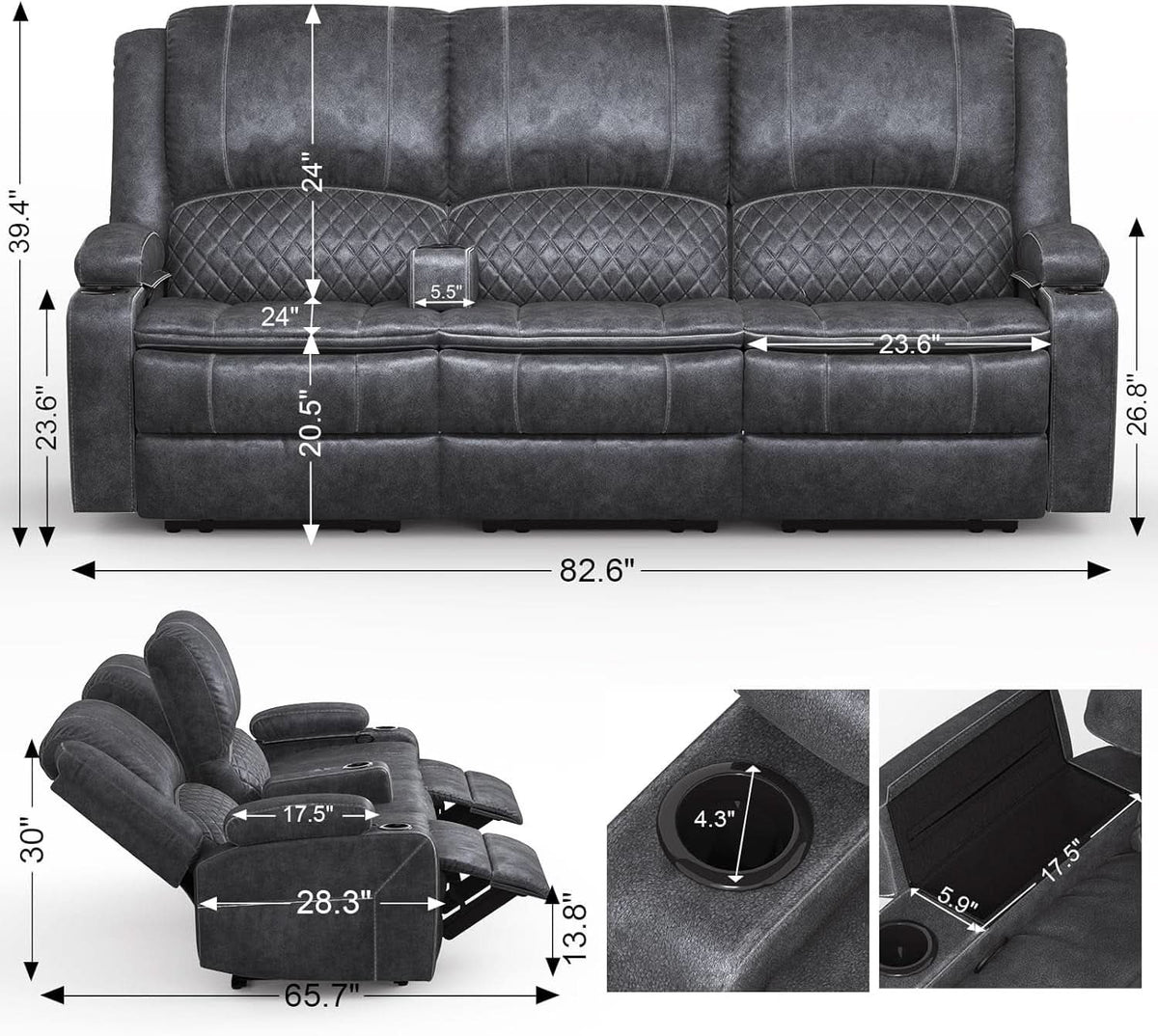 Grey Three Seater Manual Recliner Sofa Modern Living Room